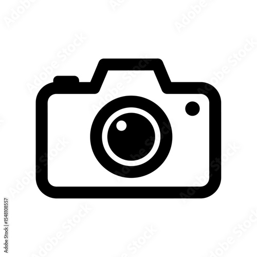 A simple black and white illustration of a camera with a lens and a flash indicator icon