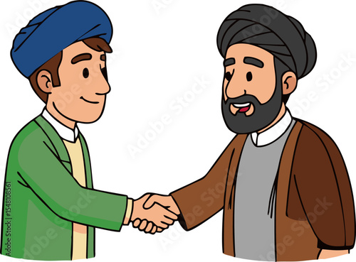 Cartoon illustration of two men shaking hands, one wearing a blue cap and the other a black turban