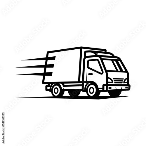 A black and white illustration of a delivery truck with motion lines indicating speed and movement