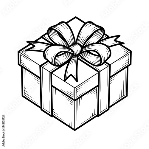 Illustration of a square gift box with a decorative bow on top in black and white outline style