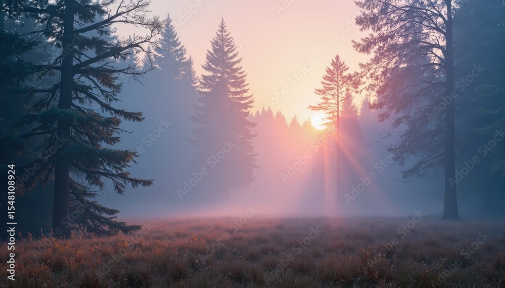 Fototapeta premium Sunrise action in misty forest nature landscape photography calm environment serene viewpoint