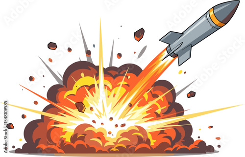 Cartoon Rocket Launching with Explosive Blast and Debris in Mid-Air