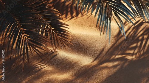 Under bright tropical sunlight, large palm fronds leave bold silhouettes on golden sand, capturing the tranquil rhythm and beauty of a sunny beach environment.
