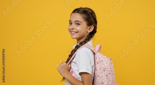 Back to School: Happy Girl with Backpack on Yellow Background photo