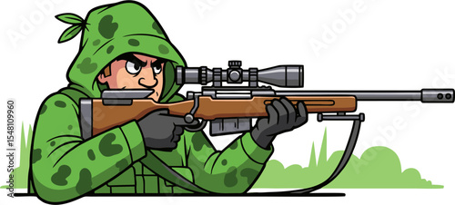 Cartoon Sniper in Camouflage Aiming with Rifle