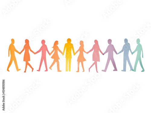 A group of people holding hands in a rainbow line