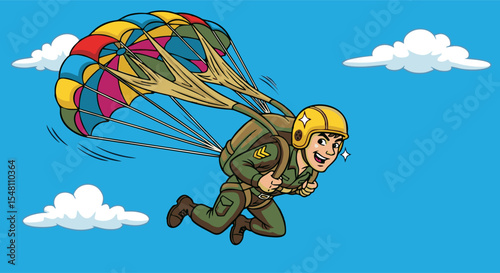 Cheerful Paratrooper Descending with Colorful Parachute in Clear Blue Sky