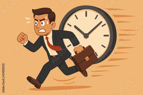 Businessman racing against the clock. Time management concept. Employee under pressure to meet a work deadline. Anxious office worker running late. Rushing man with briefcase. Vector.
