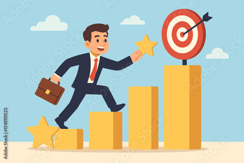 Businessman climbing career ladder steps towards a target. Ambitious cartoon character on a growth chart, reaching for a star. Concept of success, achievement, and milestones.