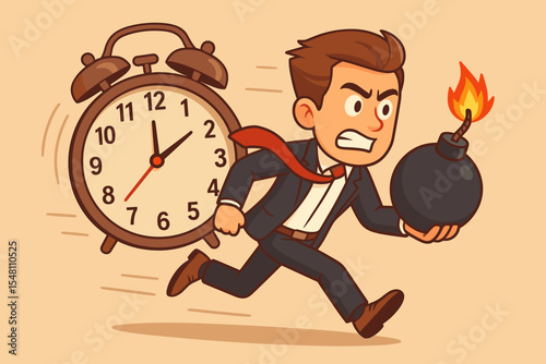 Businessman racing against time with a ticking bomb. Metaphor for deadline pressure, stress, and crisis management. Man running from alarm clock. Vector cartoon illustration concept.