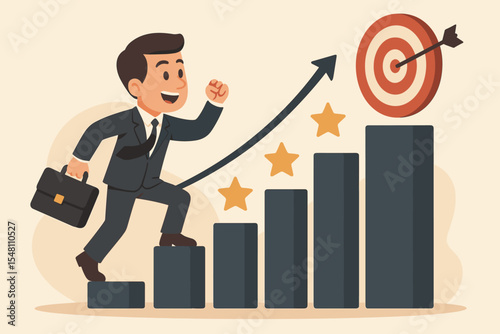 Businessman reaching target goal. Career growth and success concept. Man climbing chart stairs to success. Metaphor for achievement, ambition, motivation, and project milestones.