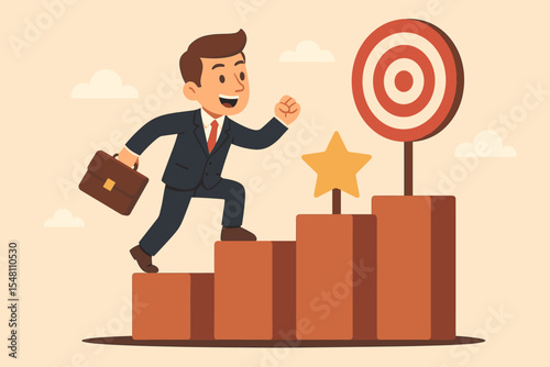 Career growth concept with a businessman climbing stairs towards a target. Metaphor for success, ambition, reaching milestones and achieving goals. Professional development journey.
