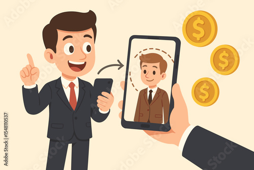 Refer a friend program concept. Businessman uses a smartphone for referral marketing. Affiliate network strategy to earn money, get a bonus, and receive commission. Vector illustration.