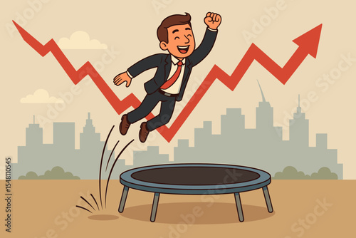 Businessman rebounding from economic crisis. Happy manager jumping on a trampoline for financial recovery. Business growth, success, and resilience concept. Stock market comeback.
