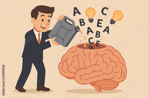 Businessman fueling brain with knowledge and lightbulb ideas. Concept of creative power, education, and learning. Metaphor for self improvement, innovation, and mindset growth.