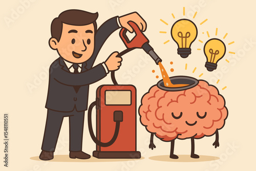 Businessman refueling brain with knowledge vector cartoon. Concept of creative brain power, idea generation. Metaphor for learning, inspiration, personal development, self improvement.