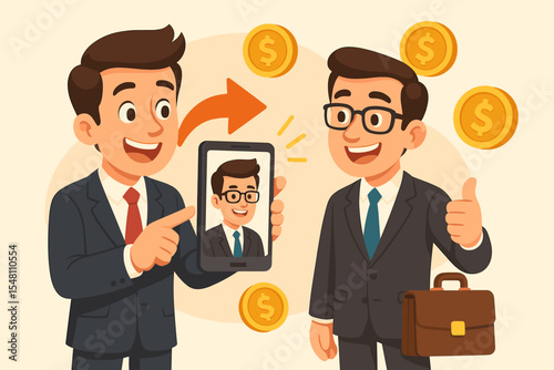 Affiliate marketing concept. Businessman referring a friend via smartphone. Customer attraction and loyalty program. Man earns money, bonus and commission for new client. Vector.