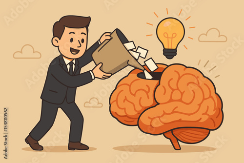 Creative concept of a businessman feeding his brain with knowledge. Metaphor for learning, education, and professional development. Idea generation, innovation, and growth mindset.