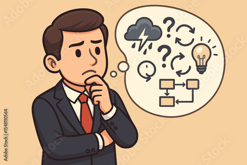 Businessman problem solving concept. Manager thinking about strategy and solutions. Thought process from crisis and confusion to a clear idea. Brainstorming, decision making cartoon.