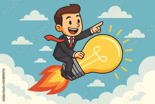 Businessman riding a light bulb rocket, representing creativity, new ideas, and innovative inspiration. Concept for startup success, business launch, and ambition. Vector cartoon.