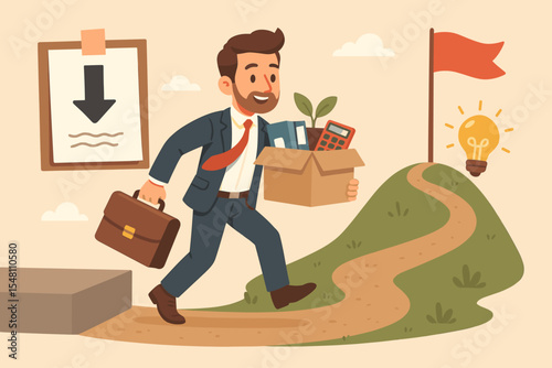 Businessman resigning from job for a new beginning. Career change concept. Entrepreneur starting a startup. Personal growth and development path to success. Ambition and motivation.