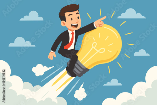 Cartoon businessman riding a glowing light bulb rocket through a cloudy sky, symbolizing creative thinking, innovative idea launch, startup inspiration, business growth, success illustration