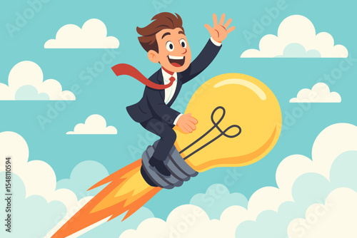 Businessman riding a rocket light bulb through sky and clouds. Innovation concept. Creative idea launch. Startup success. Business growth inspiration. Creative metaphor illustration.