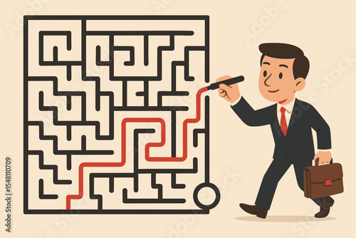 Businessman drawing red line through complex maze, illustrating business strategy navigation, leadership problem solving, challenge overcoming, goal achievement, success solution concept vector