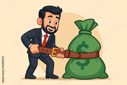 Businessman tightening budget belt around large money bag, financial savings concept, economic prudence, cost control, budget management, business finance strategy, cartoon vector illustration