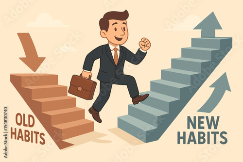 Old habits versus new habits concept with businessman choosing a new path. Metaphor for personal growth, life change, and self improvement. Career development and success stairway.