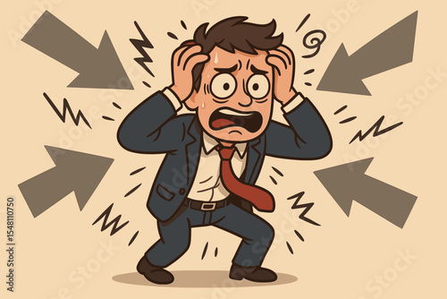 Work stress and burnout concept. Businessman under extreme pressure, fear, and anxiety. Overwhelmed by career problems, financial crisis, and deadlines. Mental health metaphor.