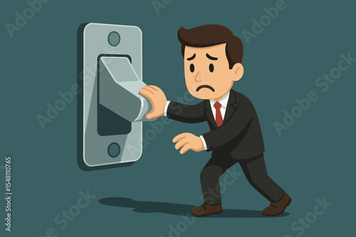Concept of giving up or business failure. Sad businessman character turning off a large switch. Metaphor for bankruptcy, company closure, financial crisis, recession, or shutting down.