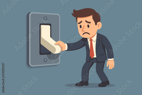 Frustrated businessman turning off a giant light switch. Metaphor for business closure, bankruptcy, and financial crisis. Concept of failure, shutdown, recession, or project ending.