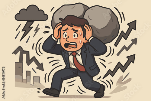 Businessman carrying rock overhead under storm cloud symbolizing extreme career pressure, corporate stress, fear and anxiety. Market downturn arrows, financial risk, struggle vector illustration