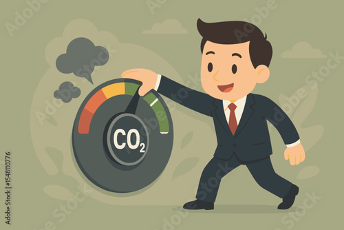 Businessman reducing CO2 emissions, a concept of corporate environmental responsibility. Man turning carbon dioxide knob to minimum to control climate change and global warming impact.