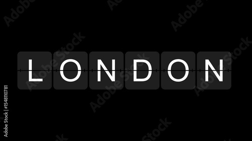 Digitally generated illustration of flip board of text London against black background.