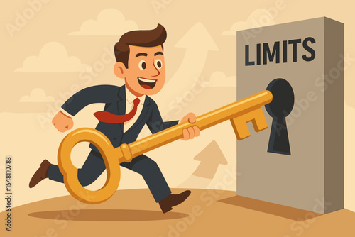 Businessman unlocking limits with a giant key. Motivational business concept of overcoming challenges, breaking boundaries, and personal growth. Unlocking potential and opportunity.