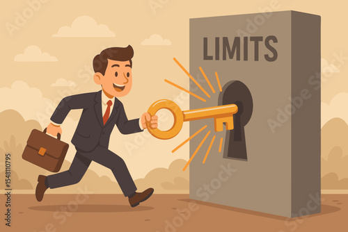 Unlocking potential and overcoming limits concept. Businessman with a giant key opens a barrier with a keyhole. Motivational metaphor for a solution, success, ambition and freedom.