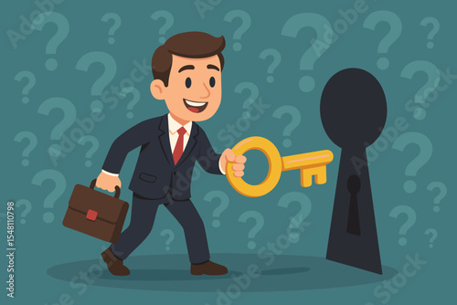 Businessman with key unlocking keyhole. Concept of solving problems, finding solutions. Business opportunity, challenge and success. Cartoon vector illustration of man with answer.