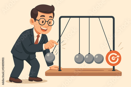 Businessman with Newton's cradle. Cause and effect, chain reaction metaphor. Business strategy, momentum and impact for goal achievement. Hitting the target. Vector illustration.