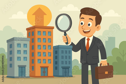 Company growth and expansion concept with businessman using a magnifying glass to select the best office building. Real estate investment and property search for corporate success.