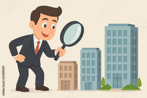 Businessman with a magnifying glass analyzing buildings. Concept of real estate investment, company growth, and expansion. Choosing a new office property. Business strategy. Vector.