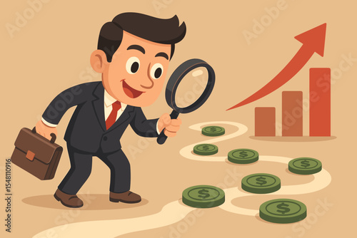 Businessman following a money trail with a magnifying glass. Financial success and company growth concept. Investor analyzing the path to profit with an ascending bar chart.