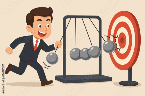 Business strategy concept. Cartoon businessman starts a chain reaction with a Newton's cradle to hit the target. Metaphor for momentum, cause and effect, impact and success.