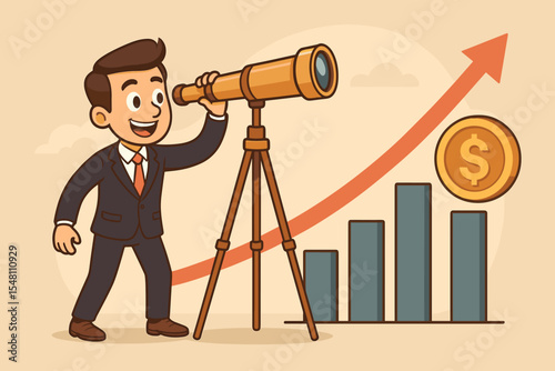 Businessman using telescope for financial forecast and market prediction. Business vision, investment strategy, looking for opportunity, future profit and growth analysis concept.