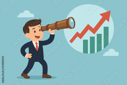 Businessman with telescope predicts market growth. Business vision, financial forecast, and profit prediction concept. Searching for investment opportunity and future success strategy.