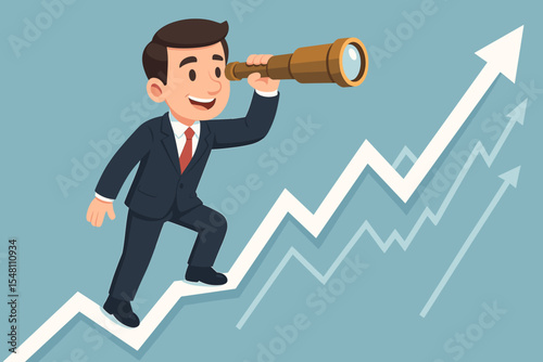 Business vision and financial forecast concept. Businessman with a telescope predicts market growth, climbing a rising arrow chart. Career success, investment, leadership, strategy.