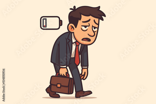 Tired businessman with low battery icon symbolizing professional burnout, energy depletion and stress overload. Sleepy office worker in suit carrying briefcase showing need for rest and recovery.