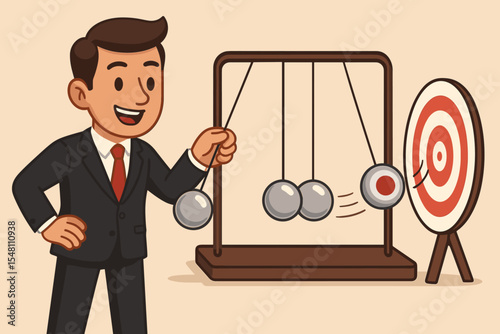 Businessman starting a chain reaction with Newton's cradle to hit a target. Business concept metaphor for strategy, cause and effect, impact, and goal achievement. Vector illustration.