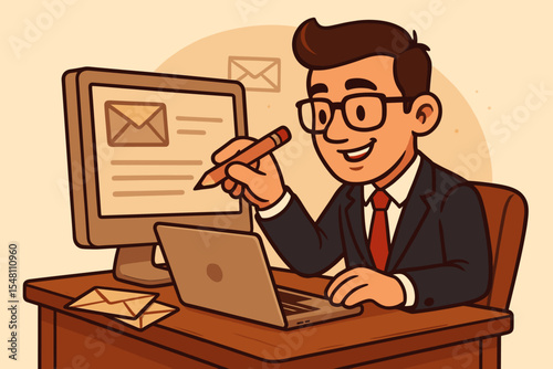 Email marketing campaign concept with a cartoon businessman writing a promotional message. Office worker at desk with computer, crafting effective communication. Vector copywriting illustration.